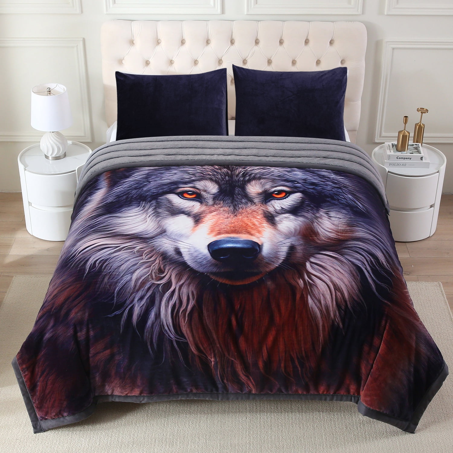 NC Faux Fur & Warm Fleece Blanket King Size 85"x93", A & B Printed Patterns 3-Ply Heavy Thick Microfiber Plush Blanket 8.5LB, Wolf & Gray