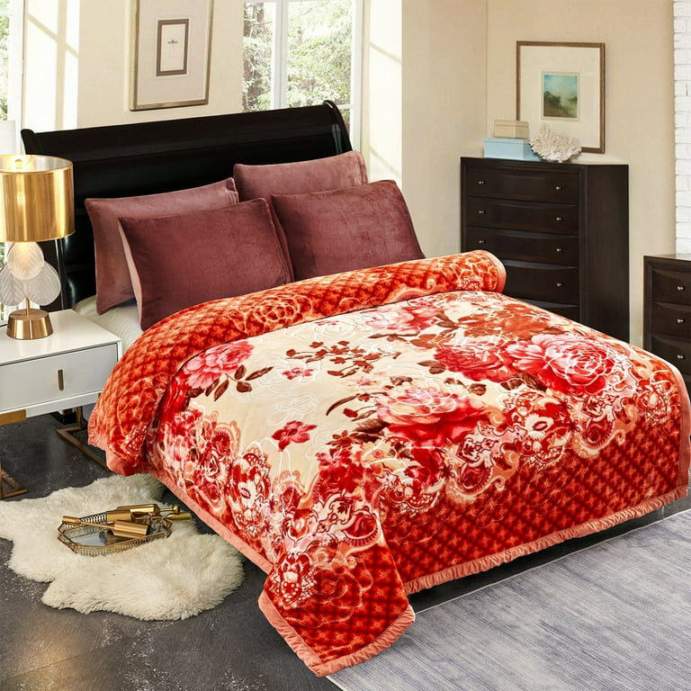 NC Fleece Bed Blanket King ,2 Ply Soft Warm Plush Blanket,Orange Floral,83  x 93,6lb 