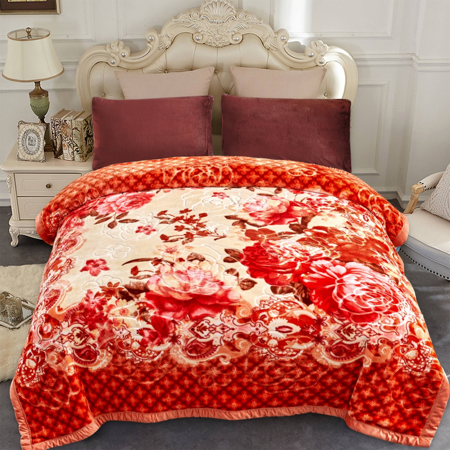NC Fleece Bed Blanket King Size, 2 Ply Thick Warm Blanket, Orange  Floral,83 x 93,6lb 