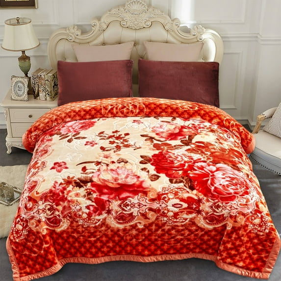 NC Fleece Bed Blanket King Size, 2 Ply Thick Warm Blanket, Orange Floral,83" x 93",6lb