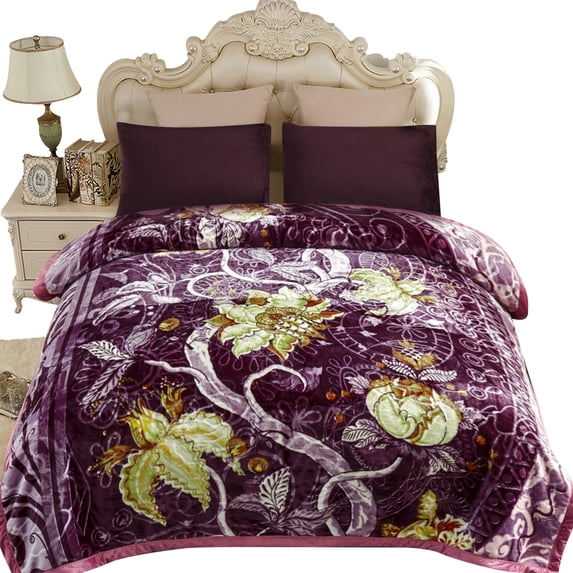 NC Fleece Bed Blanket King Size, 2 Ply Thick Warm Blanket, Purple Floral,83" x 93",6lb