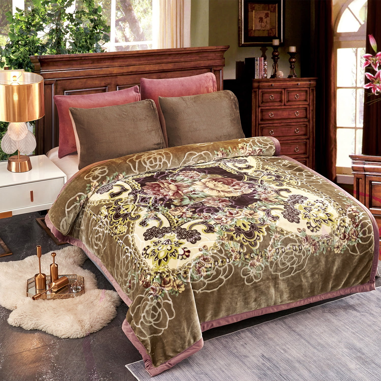 NC Fleece Bed Blanket Queen ,2 Ply Soft Warm Plush Blanket,Brown Floral,79  x 89,5.3lb 