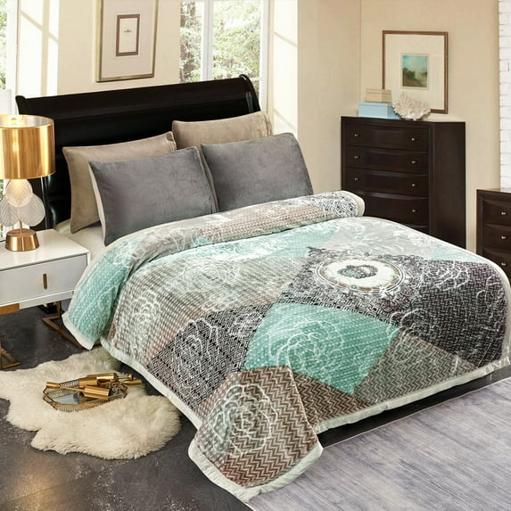 NC Fleece Bed Blanket Queen ,2 Ply Soft Warm Plush Blanket,Grey Green Floral,79" x 89",5.3lb
