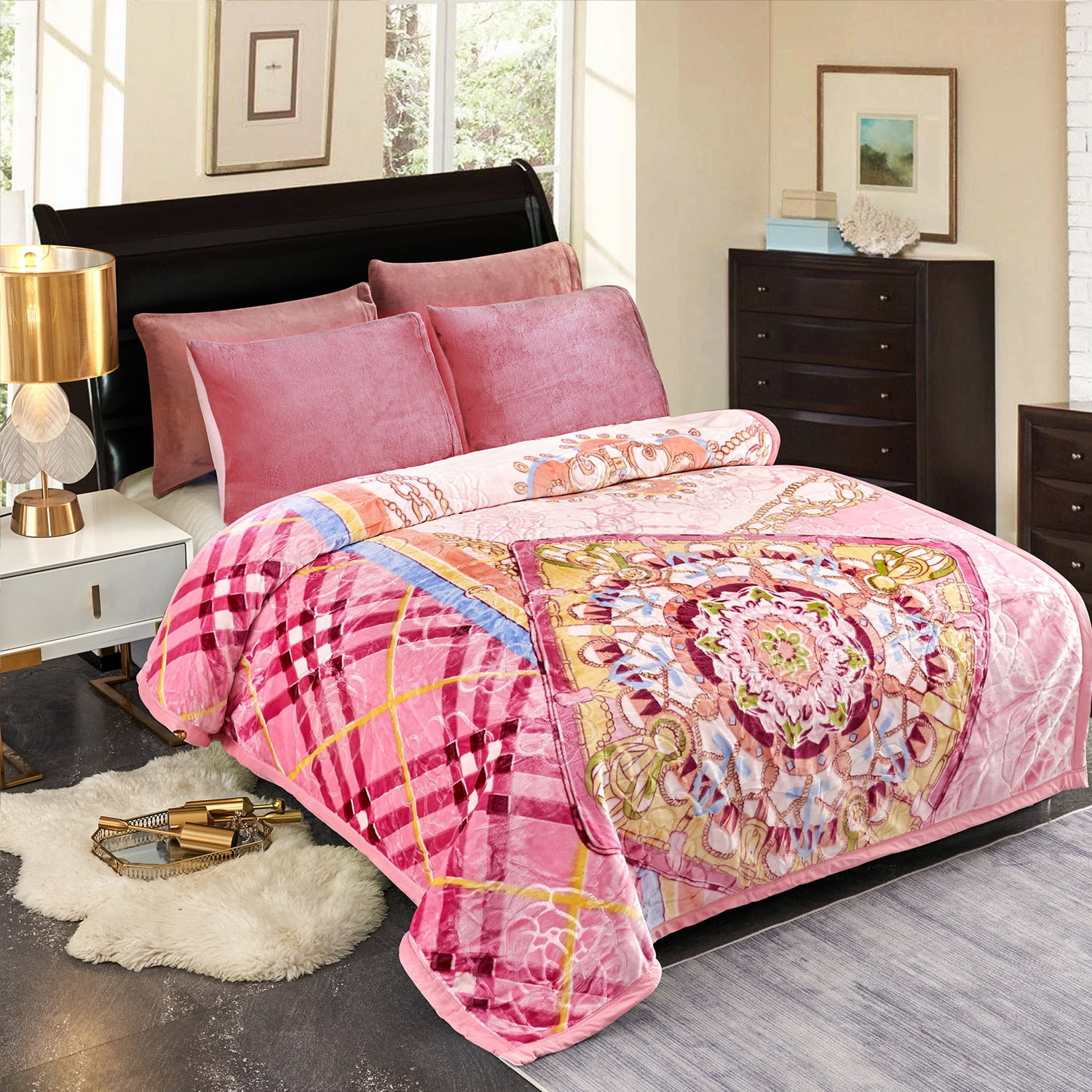 JML Fleece Bed Blanket Queen ,2 Ply Soft Warm Plush Blanket,Pink Floral,79" x 89",5.3lb