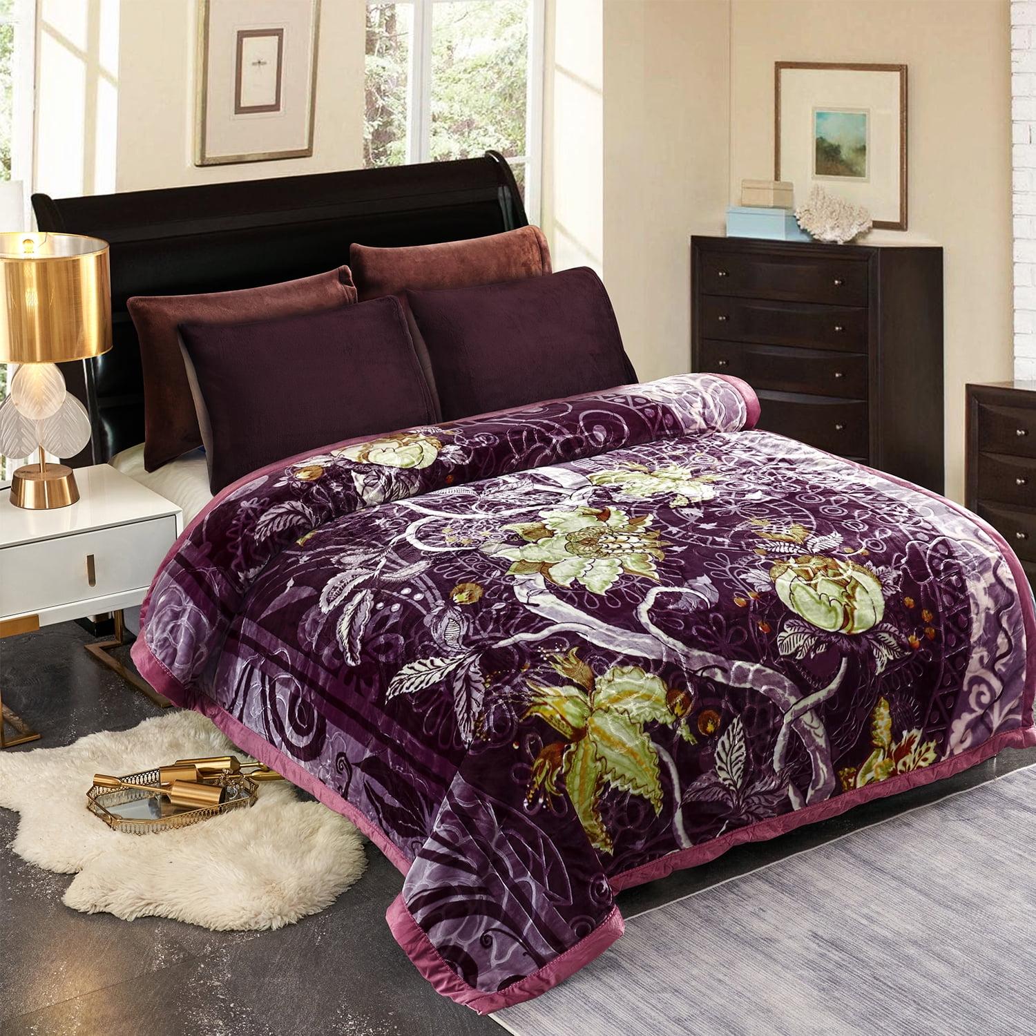 NC Fleece Bed Blanket Queen ,2 Ply Soft Warm Plush Blanket,Purple Floral,79 inch x 89 inch,5.3lb