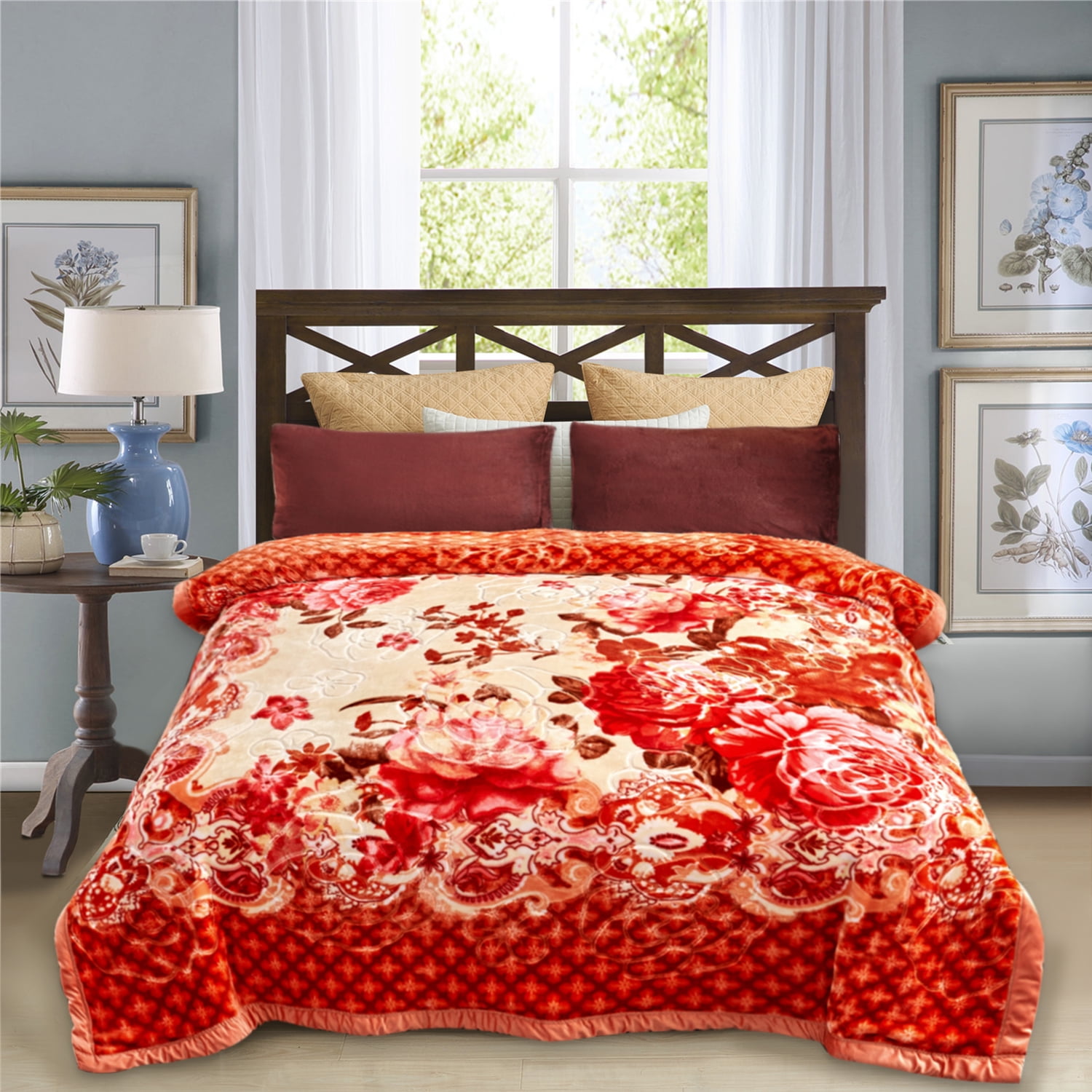 NC Fleece Bed Blanket Queen Orange Floral 2 Ply Thick Warm Plush Blanket 79 x 89