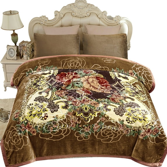 NC Fleece Bed Blanket Queen Size, 2 Ply Thick Warm Blanket, Brown Floral,79" x 89",5.3lb