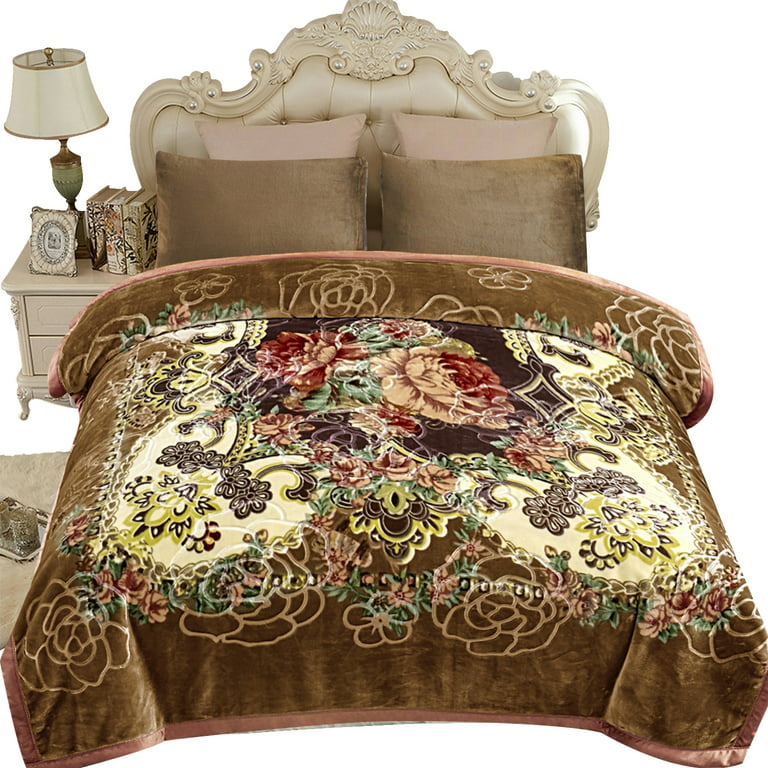 NC Fleece Bed Blanket Queen Size, 2 Ply Thick Warm Blanket, Brown  Floral,79 x 89,5.3lb 