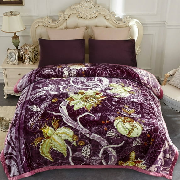 NC Fleece Bed Blanket Queen Size, 2 Ply Thick Warm Blanket, Purple Floral,79" x 89",5.3lb