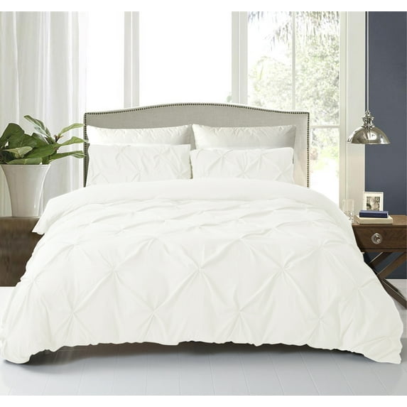 NC Home Fashions 3-Pieces Pinch Pleated Duvet Set Cover, King- with Zipper & Corner Ties-USE for Comforter/Quilt/Blanket-Luxurious, Hypoallergenic Pintuck Decorative (King, White)