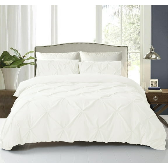 NC Home Fashions 3-Pieces Pinch Pleated Duvet Set Cover, King- with Zipper & Corner Ties-USE for Comforter/Quilt/Blanket-Luxurious, Hypoallergenic Pintuck Decorative (King, White)