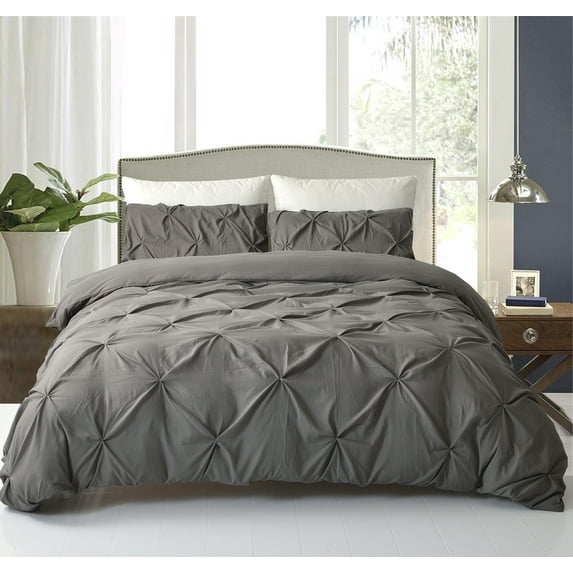NC Home Fashions 3-Pieces Pinch Pleated Duvet Set Cover, Queen- with Zipper & Corner Ties-USE for Comforter/Quilt/Blanket-Luxurious, Hypoallergenic Pintuck Decorative (Queen, Dark Grey)