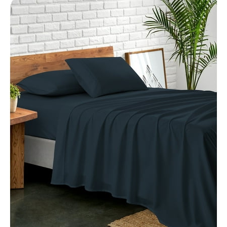 NC Home Fashions Geometric Trim Embroidered microfiber sheet set, ultra soft, Twin, Blue Indigo