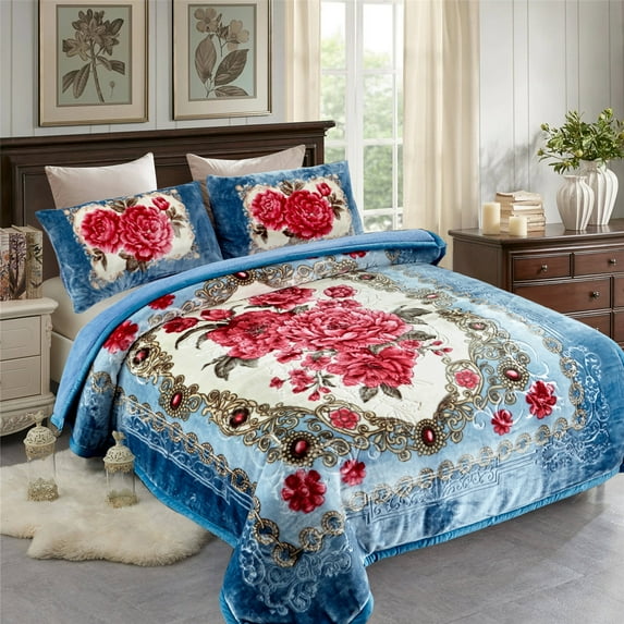 NC King Sherpa Fleece Bed Blanket,Embossed Winter Borrego Blanket,3-Piece 79"x91",7.5LB