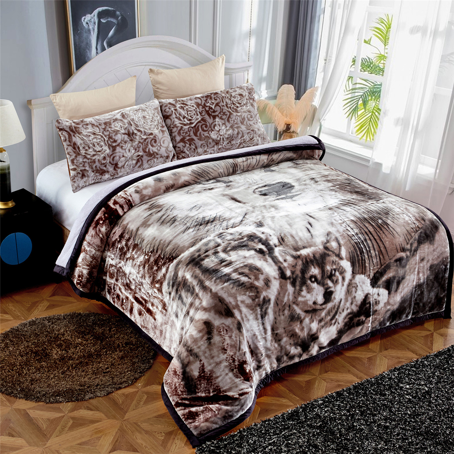 3pc Borrego Sherpa Fleece THICK 2Ply REVERSIBLE Blanket Set Cali King WOLF