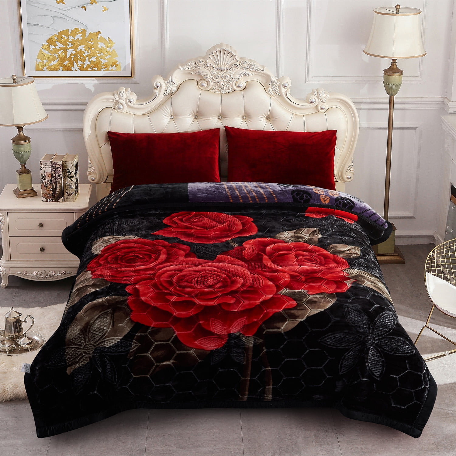 NC King Size Blanket 2 Ply Thick Warm Plush Bed Blanket for Winter, 10lbs, Black Floral, 85 inchx93 inch