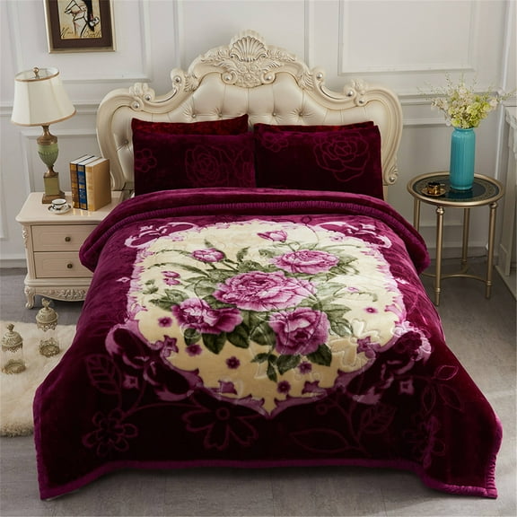 NC King Size Blanket 2 Ply Thick Warm Plush Bed Blanket for Winter, 10lbs, Purple Floral, 85"x93"