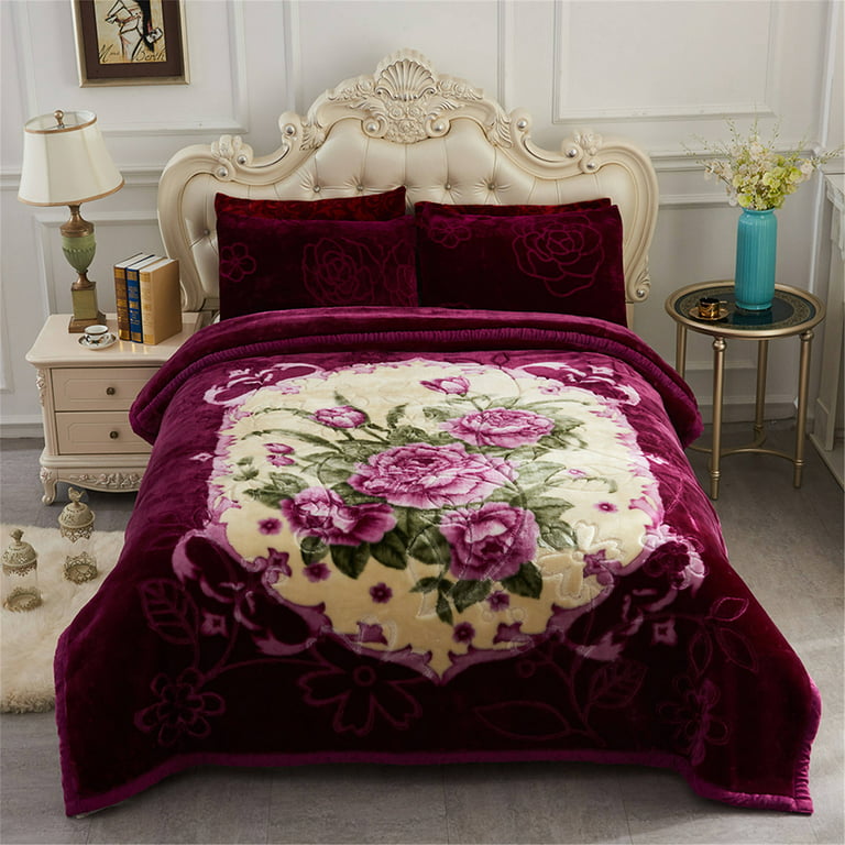 NC King Size Blanket 2 Ply Thick Warm Plush Bed Blanket for Winter, 10lbs,  Purple Floral, 85x93