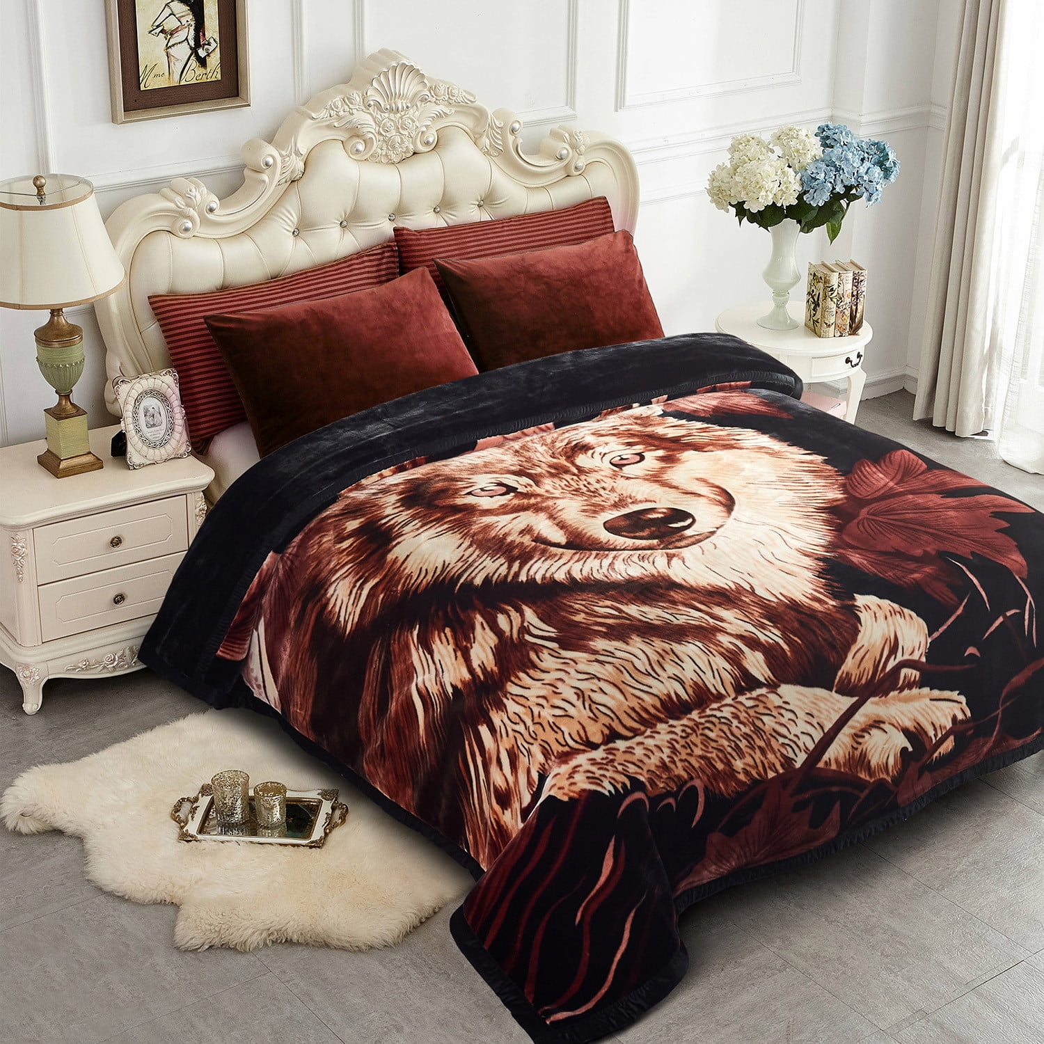 NC King Size Mink Fleece Blanket For Bed,Wolf Pattern 2 Ply Heavy Thick  Warm Blanket 10Lbs,85x95 