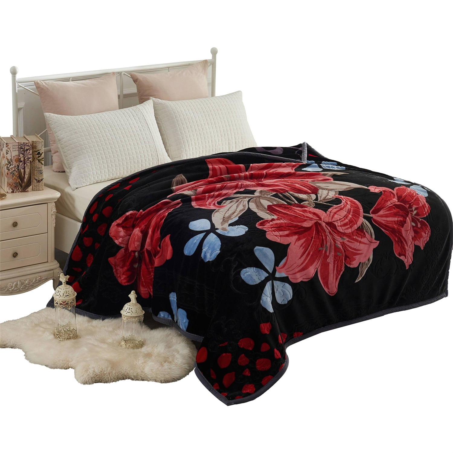 NC Plush Fleece Bed Blanket, Soft, Reversible Warm Blanket King 83"x93", Black Floral