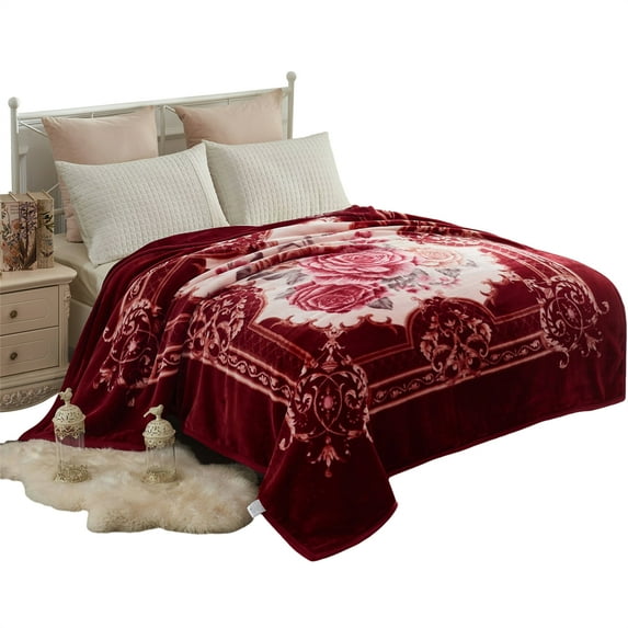 NC Plush Fleece Bed Blanket, Soft, Reversible Warm Blanket Queen 77"x87", Burgundy Floral