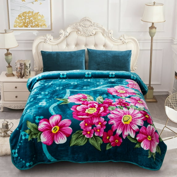 NC Plush Fleece Blanket For Bed,Lightweight Soft Blue Pink Floral Blanket,Queen 75"x91"