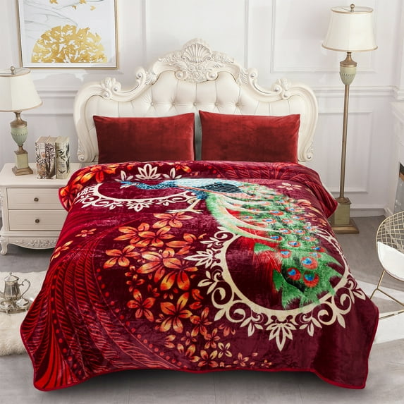 NC Plush Fleece Blanket For Bed,Lightweight Soft Burgundy Green Peacock Blanket,Queen 75"x91"