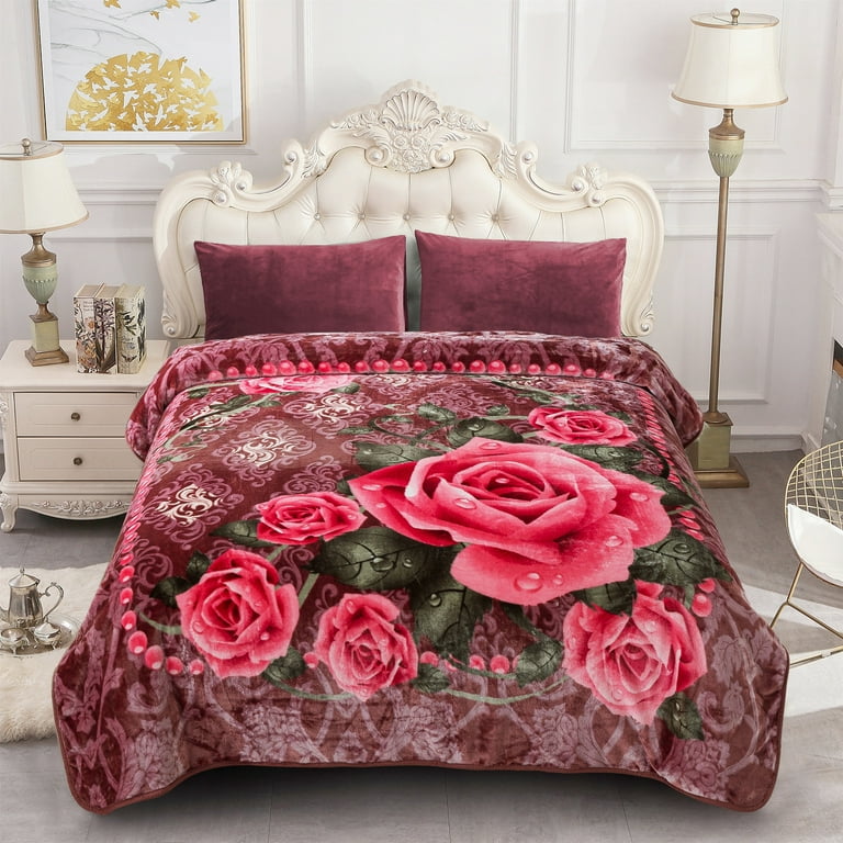 NC Plush Fleece Blanket For Bed,Lightweight Soft Burgundy Pink Floral  Blanket,Queen 75x91