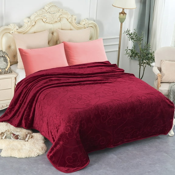 NC Plush Fleece Blanket For Bed,Lightweight Soft Embossed Burgundy Floral Blanket,Queen 75"x91"