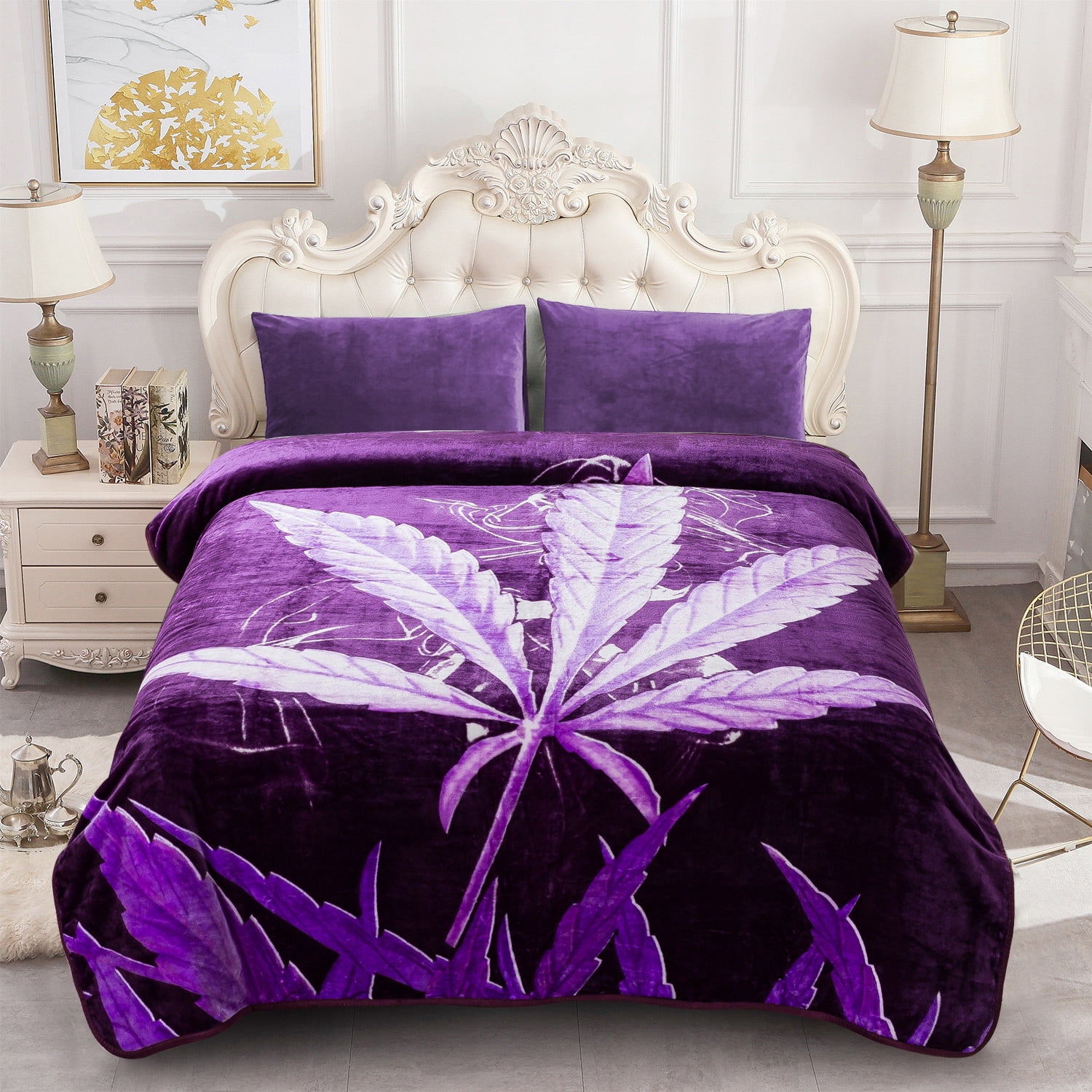 NC Plush Fleece Blanket For Bed,Lightweight Soft Burgundy Pink Floral  Blanket,Queen 75x91 