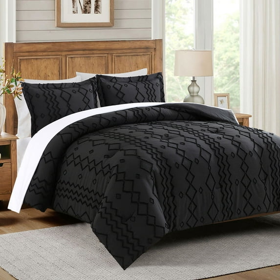 NC Queen Comforter Sets With 2 Pillow Shams, 3 Piece Soft Bedding Set, Black