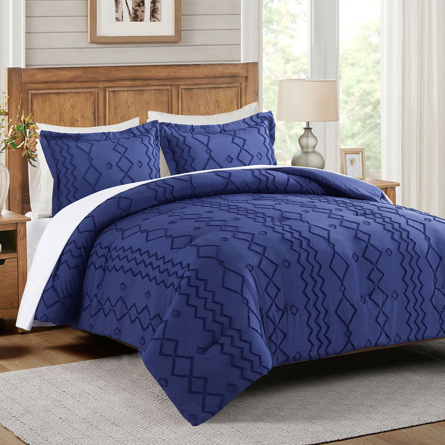 Full / Queen size Comforter Set in Navy Blue White Khaki Stripe main image 1