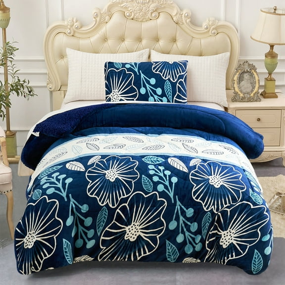 NC Sherpa Blanket White, Blue, Multi-color Polyester Reversible Bed Blankets Twin (Count 2)