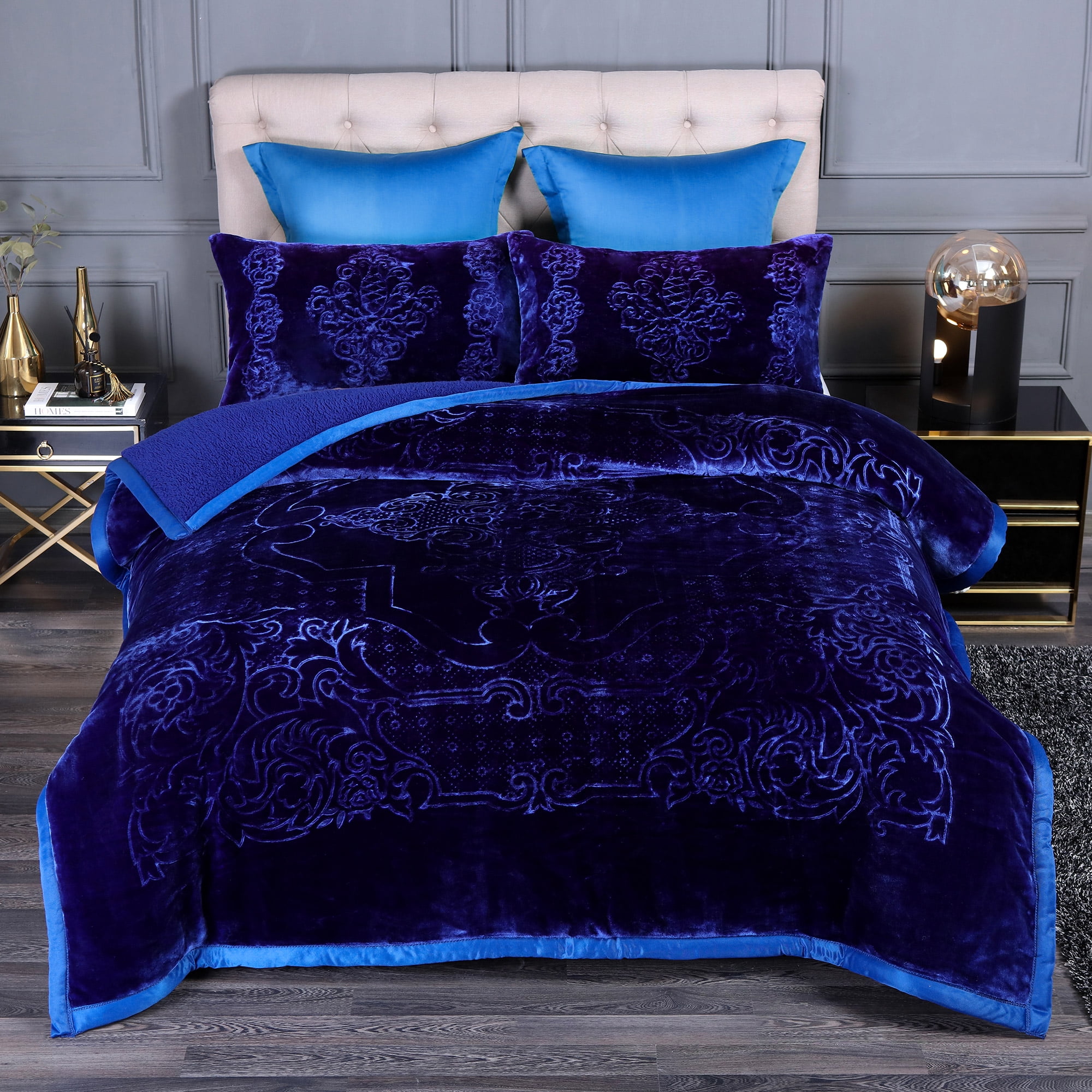 NC Sherpa Borrego Blanket 3 Piece, Flannel Fleece Blanket Set, King 79