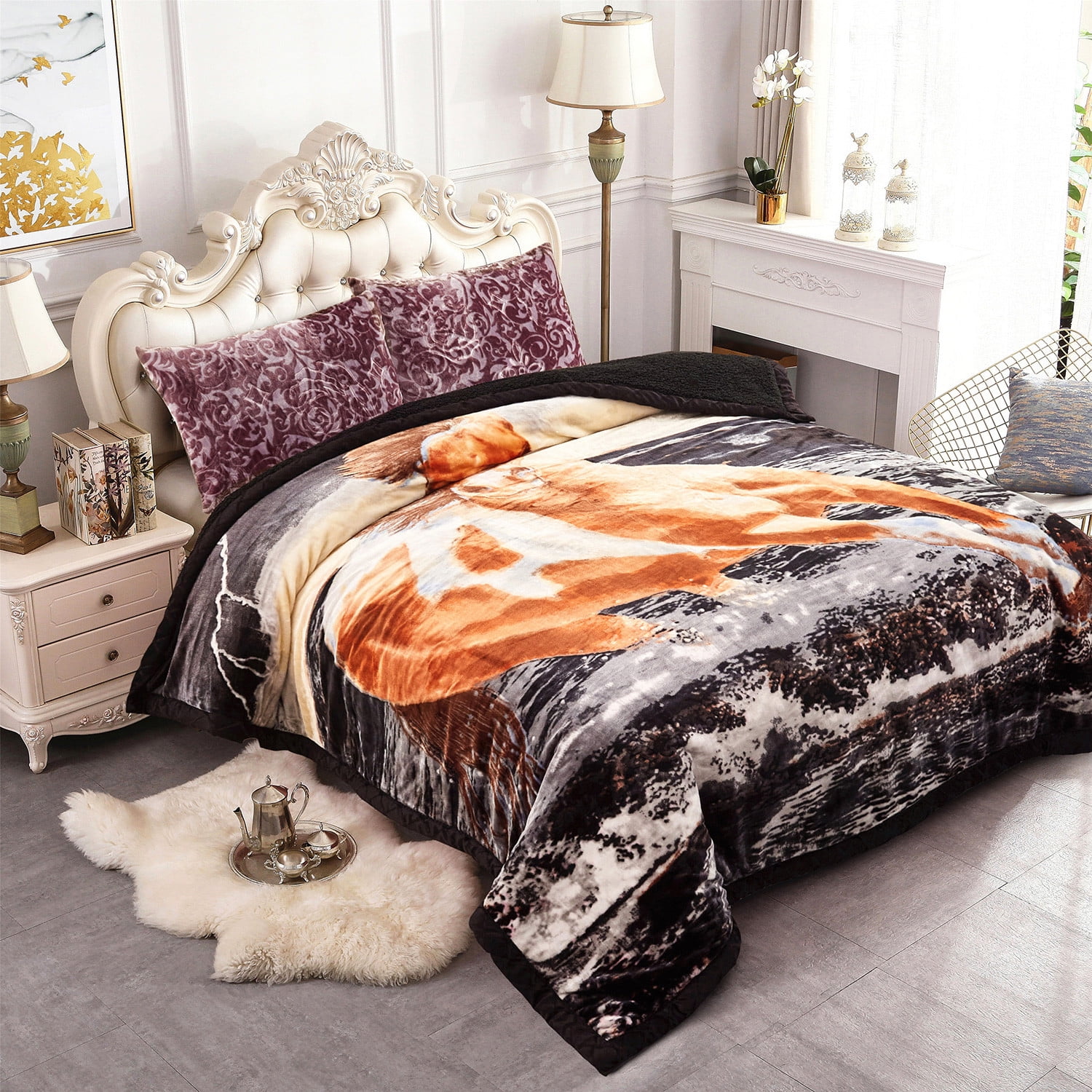 Free Shipping NC Warm Flannel Fleece Sherpa Blanket For King Bed 3 Piece Printed Borrego Blanket 79 x91 Walmart