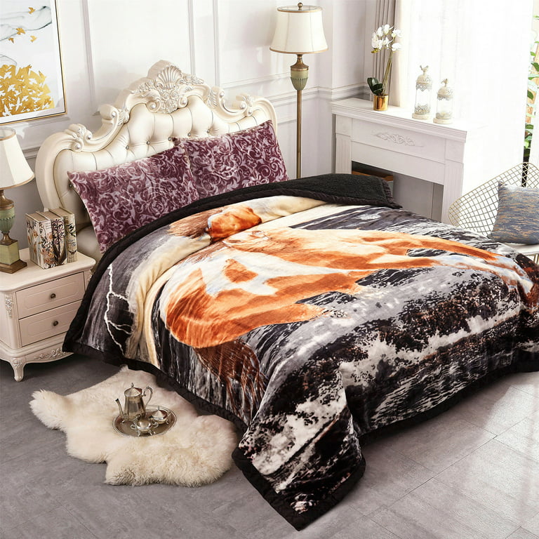 NC Warm Flannel Fleece Sherpa Blanket For King Bed 3 Piece,Printed