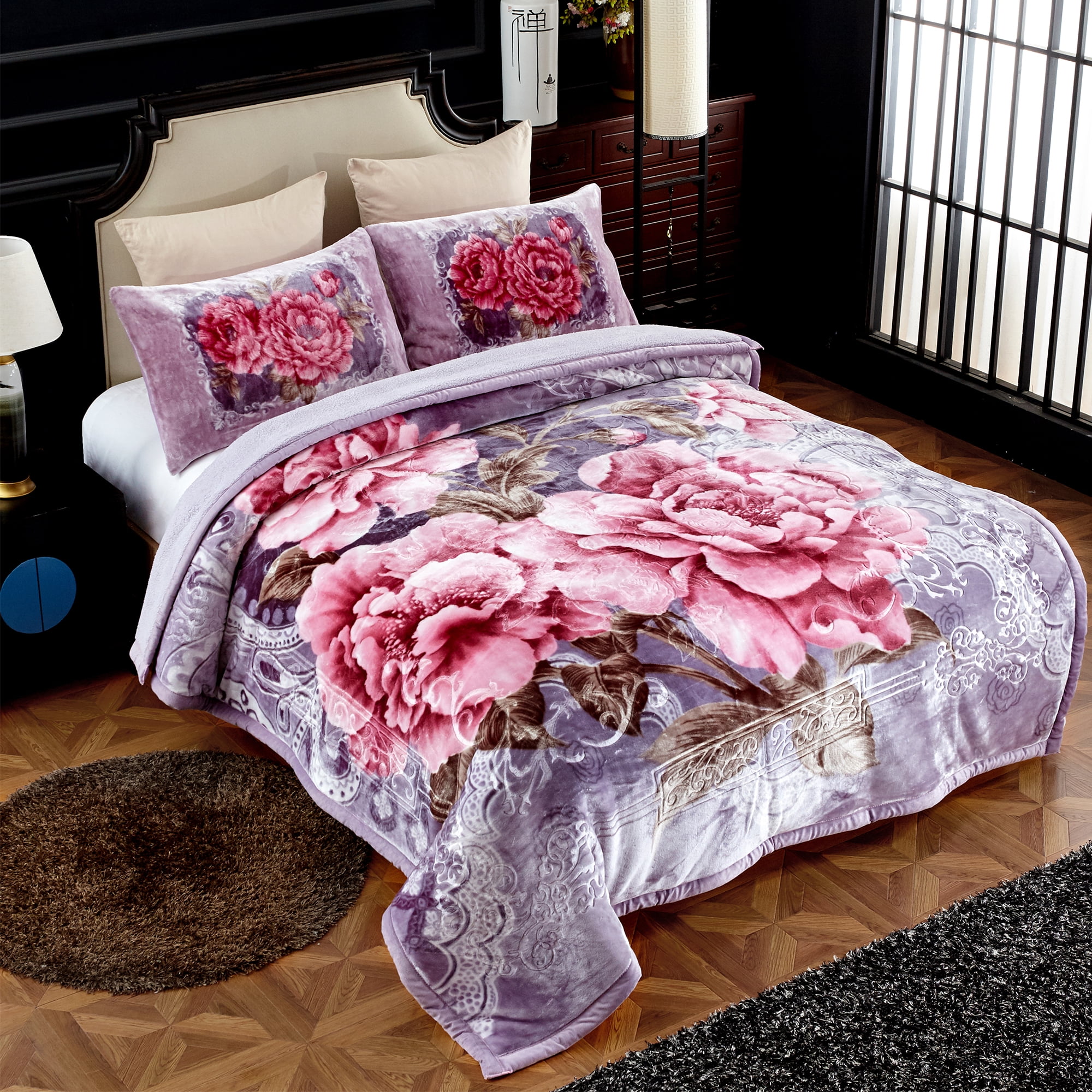 NC Warm King Sherpa Blanket,Thick Printed Flannel Fleece Borrego Blanket,79"x91",7.5lb
