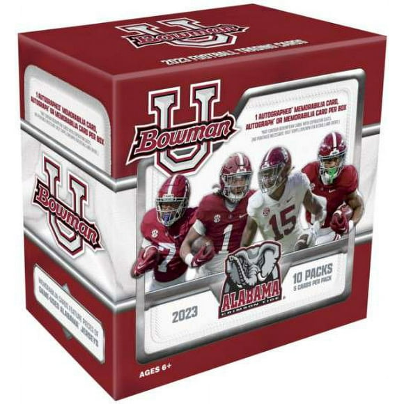 NCAA 2023 Bowman U Football Alabama Crimson Tide Trading Card Box (10 Packs, 1 Autograph, Autograph Relic, OR Relic Card)