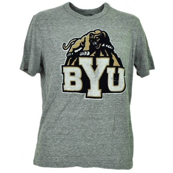NCAA Brigham Young Cougars Felt Logo Gray Short Sleeve Mens Crew Neck Sports MED