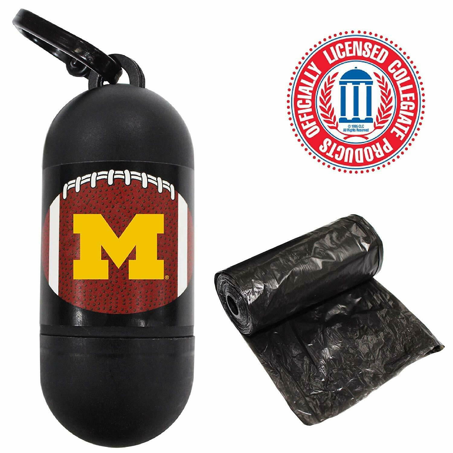 NCAA MICHIGAN WOLVERINES Durable LICENSED Poop Bag Dispenser & Leash Clip with 900 Premium Dog Waste Bags