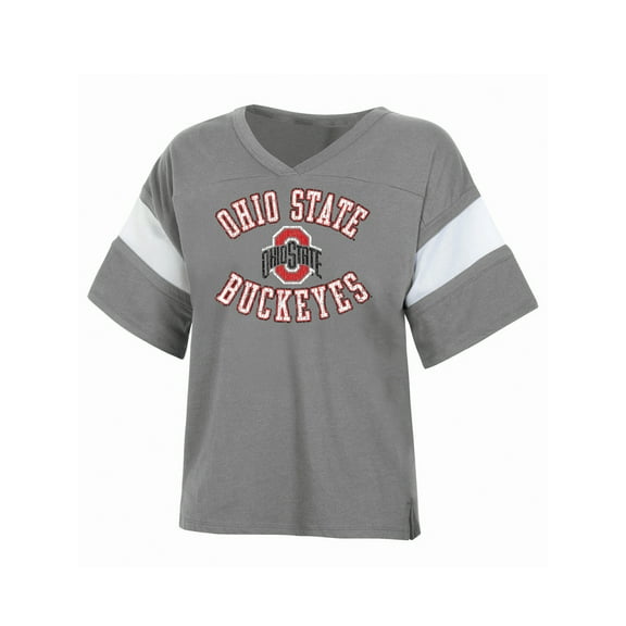 NCAA OHIO STATE Womens Grey Color Blend SS TEE Sleeve Stripe Vee