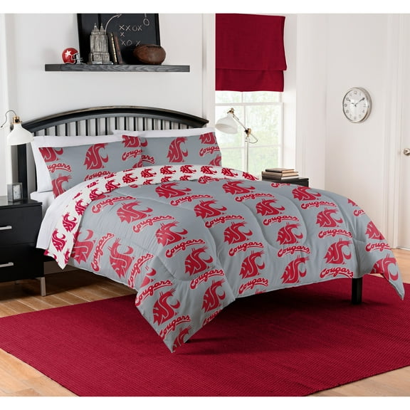 NCAA Washington State Cougars Bed in Bag Set, Queen Size, Team Colors, 100% Polyester, 5 Piece Set