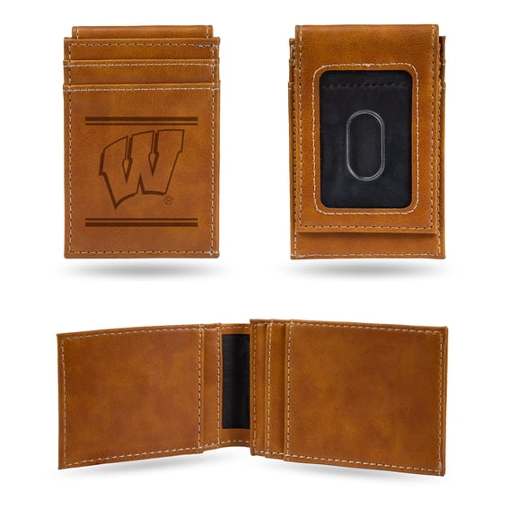 NCAA Wisconsin Badgers Mens Front ID Pocket Brown Wallet- Premium 8 Pocket Laser-Engraved Team Logo on Vegan Leather- Minimalist Design, Credit Card Holder- Ideal for Travel or Mens Gift