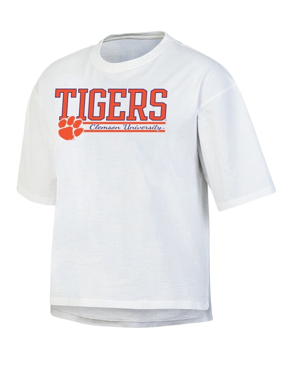 NCAA Women's Clemson Tigers White Short Sleeve Boxy Tee with Hi-Lo Hem