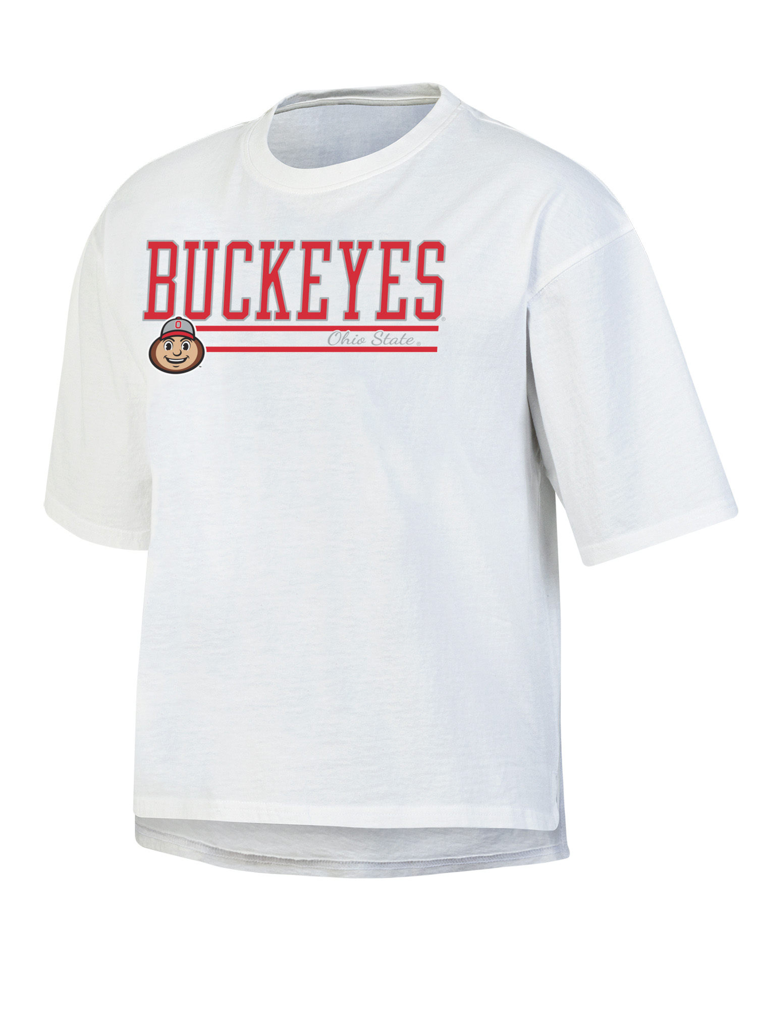 NCAA Women's Ohio State Buckeyes White Short Sleeve Boxy Tee with Hi-Lo Hem