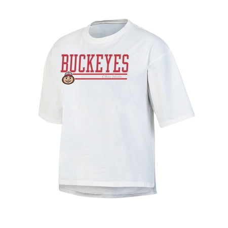Iowa Hawkeyes NCAA Women's Ohio State Buckeyes White Short Sleeve Boxy Tee with Hi-Lo Hem