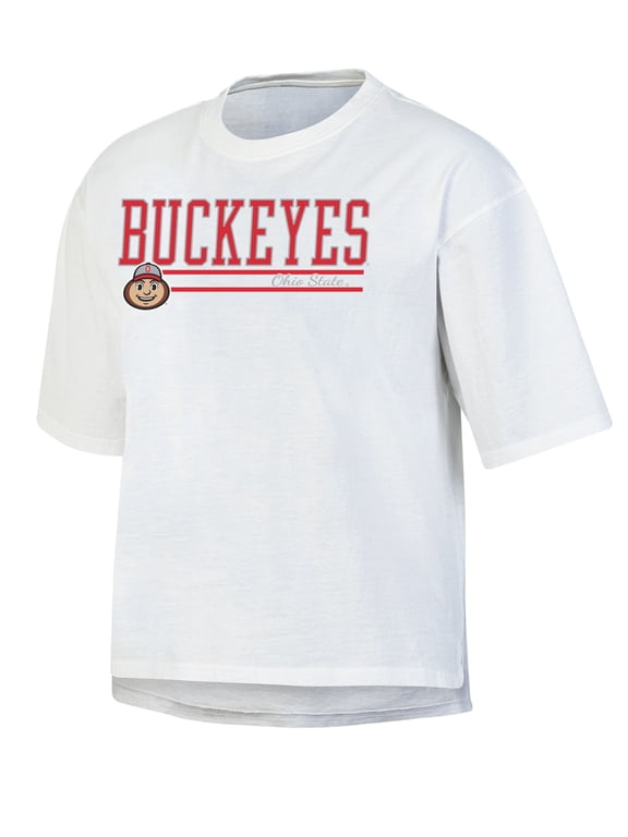 NCAA Women's Ohio State Buckeyes White Short Sleeve Boxy Tee with Hi-Lo Hem