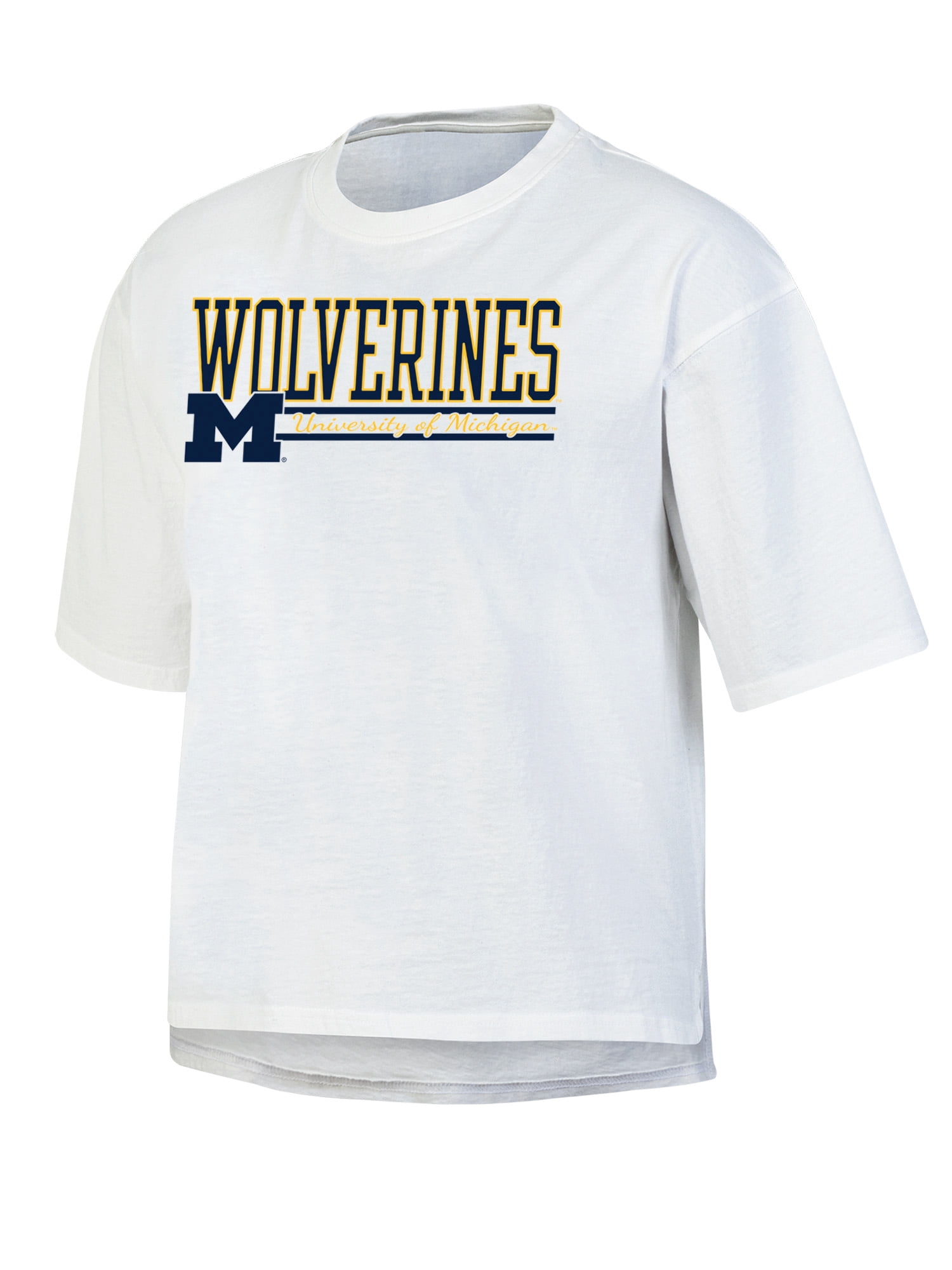 NCAA Women's Michigan Wolverines White Short Sleeve Boxy Tee with Hi-Lo Hem