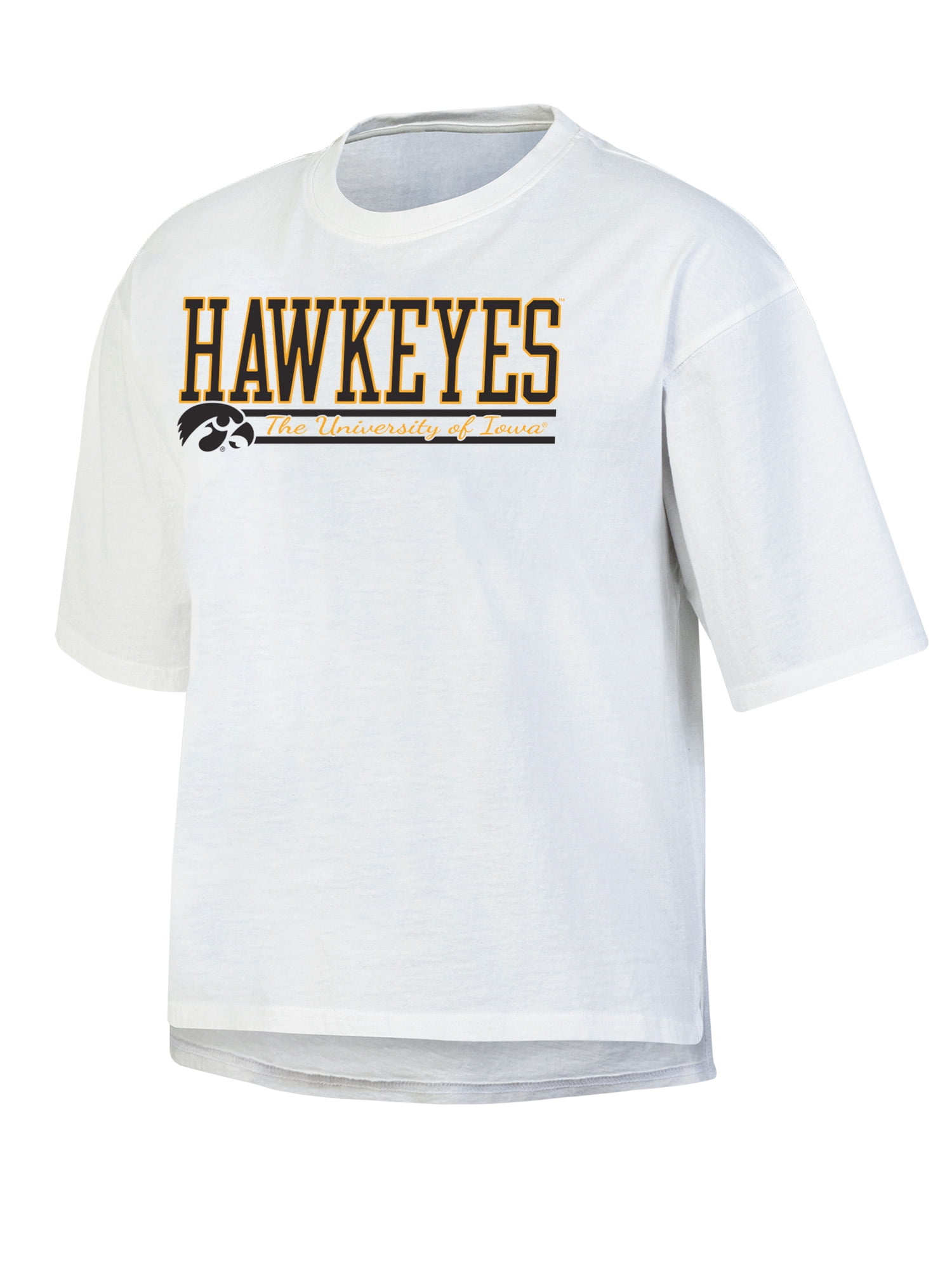 NCAA Women's Iowa Hawkeyes White Short Sleeve Boxy Tee with Hi-Lo Hem