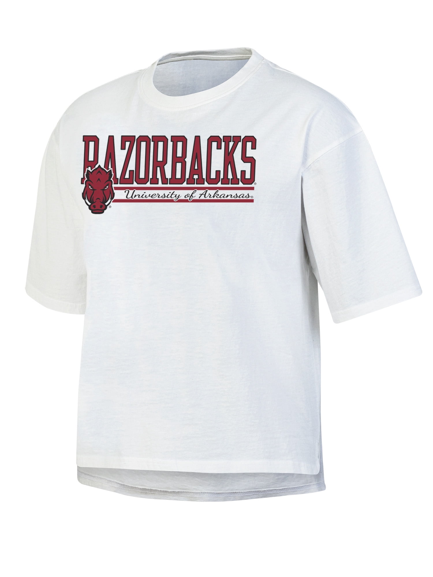 NCAA Women's Arkansas Razorbacks White Short Sleeve Boxy Tee with Hi-Lo Hem